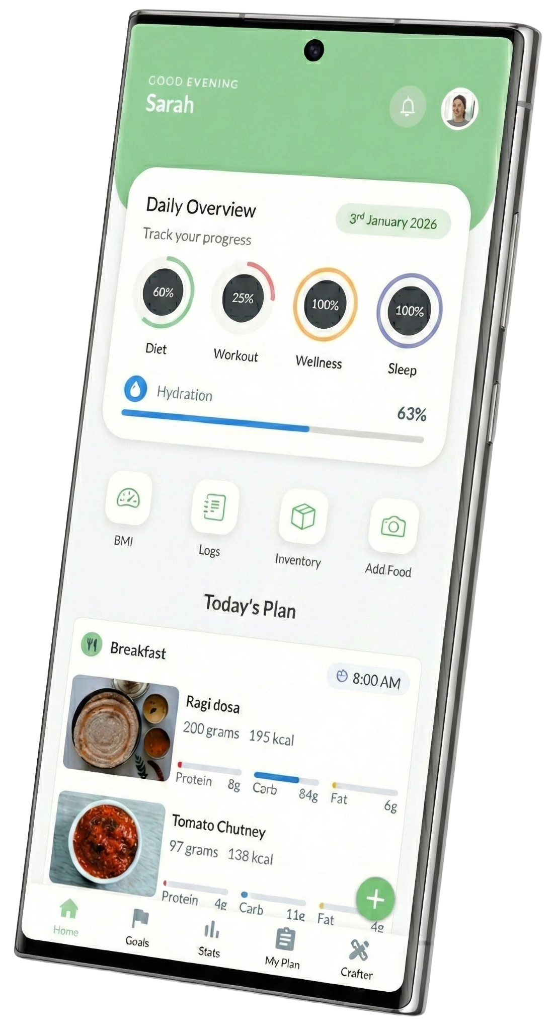 NutriWellMe mobile app showing daily health dashboard with diet tracking at 60%, workout progress at 25%, wellness completion at 100%, and daily meal plan with nutritional information